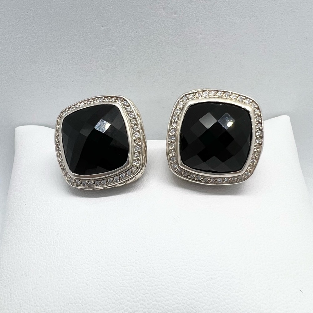 David Yurman 925 Sterling Silver Diamond and Onyx Large Albion Earrings